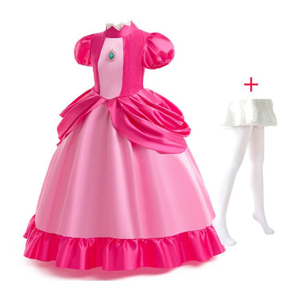 New 2026 Movie Inspired Lolita Princess Dress Super Plumber Bros's Friend Peach Costume Girls Pink Lace Frock Role Play Apparel