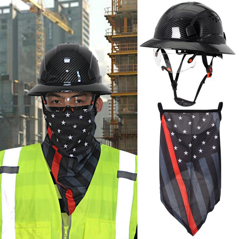CE Carbon Fiber Full Brim Hard Hat w/ Built In Goggle Triangle Face Towel Construction Engineer  Safety Helmet ABS Safety Cap