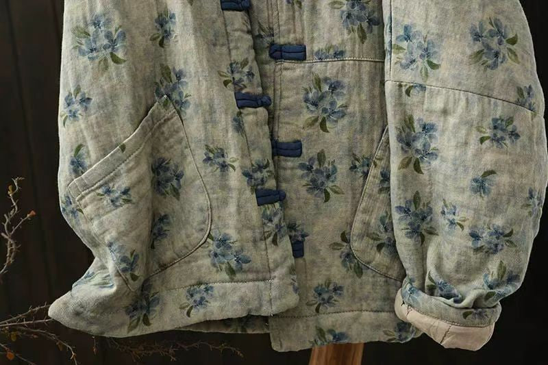 Johnature Vintage Buckle Floral Print Chinese Style Parkas 2025 Woman Winter New Long Sleeves Loose Single Breasted Parkas