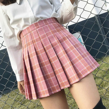Women Summer Preppy Style Plaid Pleated Skirt School Uniform Anti Glare JK Skirt Harajuku Zipper Culotte High Waist A-line Skirt