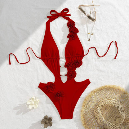 2025 New 3D Flowers One Piece Swimsuit Women Solid Sexy Hollow Out Swimwear Tropical Summer Beachwear Bathing Suit Bodysuit