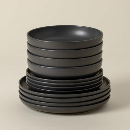 Ceramic Stoneware 12-Piece Place Setting Service for 4 - Pacifica Collection, Seed grey | Microwave & Dishwasher Safe Dinnerwar