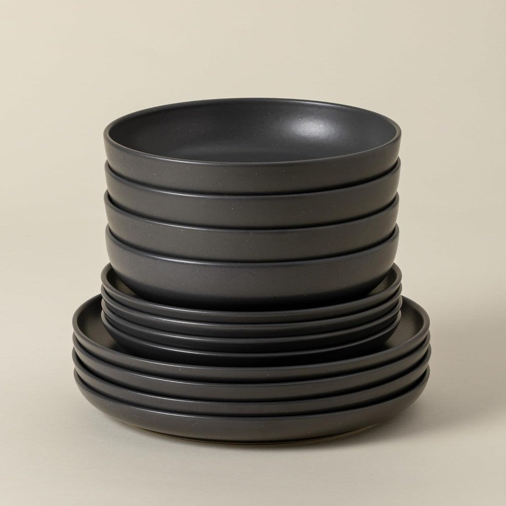 Ceramic Stoneware 12-Piece Place Setting Service for 4 - Pacifica Collection, Seed grey | Microwave & Dishwasher Safe Dinnerwar