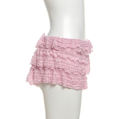 2025 New Fashion Sweet Temperament Solid Color Lace Spice Girl Pleated Low Waist Navel Shorts Femininity Sexy