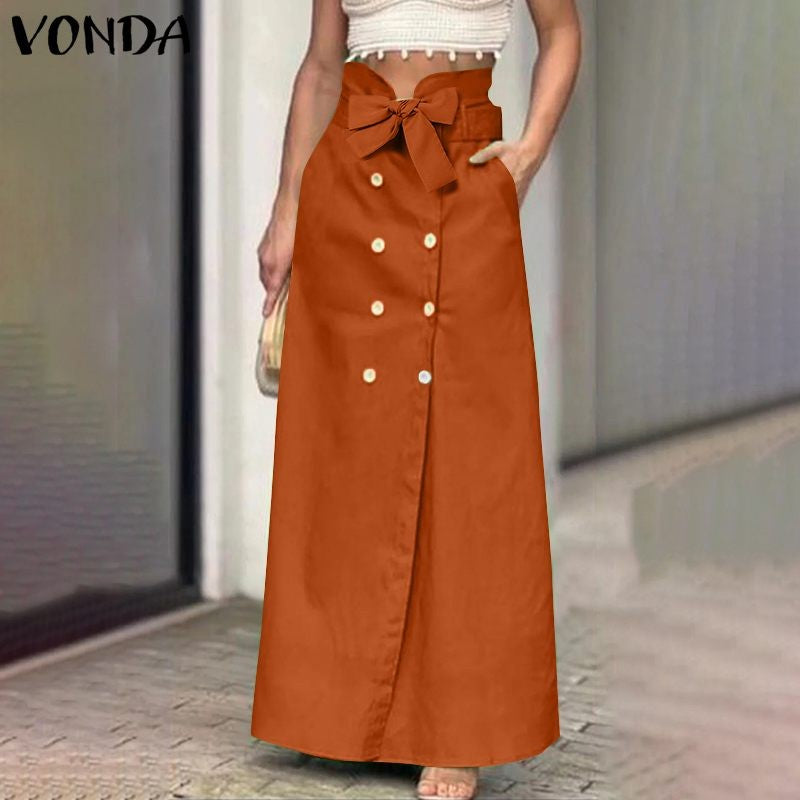 VONDA Plus Size 5XL Women Elegant Fashion Maxi Skirts 2024 Solid Color Bow Belt Casual Buttons Long Skirts Pockets Loose Bottoms