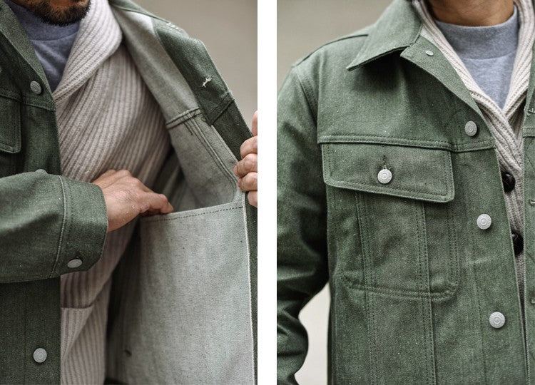 Sauce Zhan 540XX Mens Cusual Jacket Vulcanized green Selvedge Sanforized  Denim Jacket 14 Oz Loose Fit