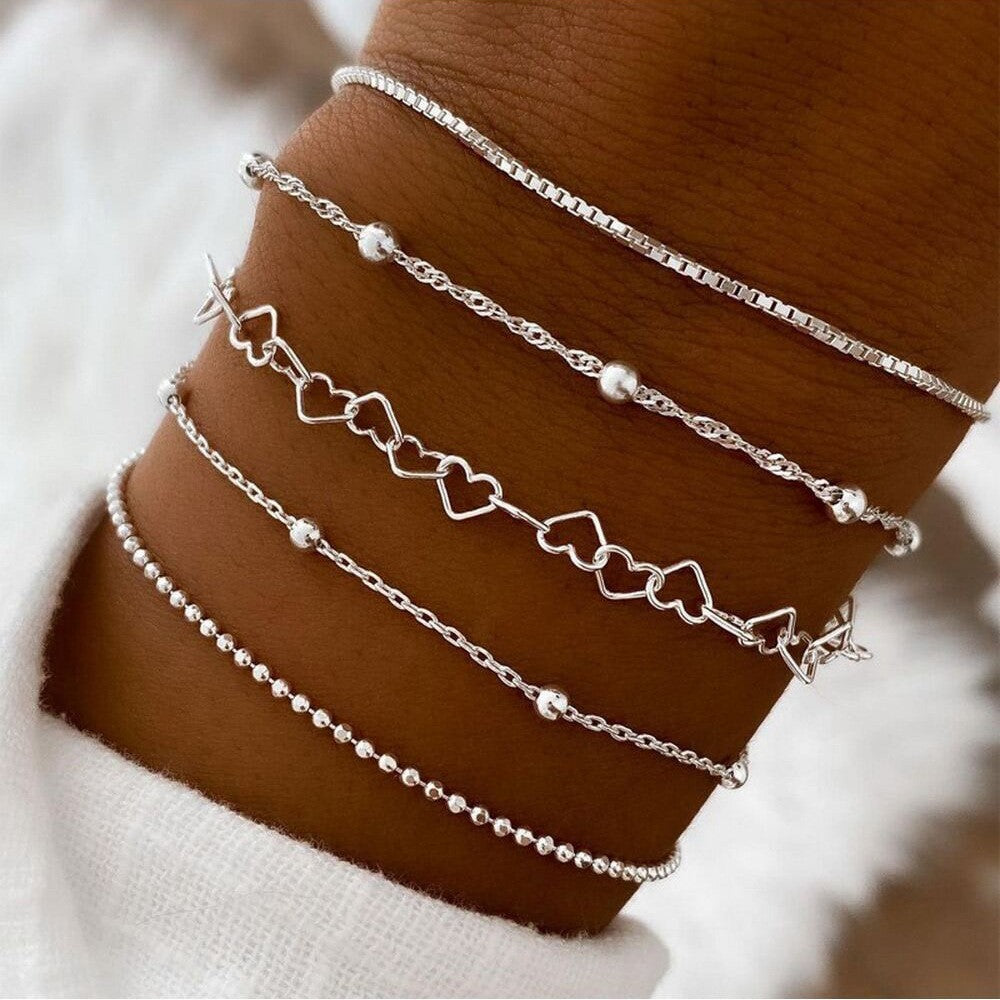 Novo Conjunto 5 Peças/Set Cor Dourada Elegante Amor Bangle Pulseiras Multicamadas Retrô para Mulheres Moda Feminina 2024 Joia Tendência Presente
