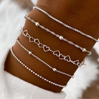 Novo Conjunto 5 Peças/Set Cor Dourada Elegante Amor Bangle Pulseiras Multicamadas Retrô para Mulheres Moda Feminina 2024 Joia Tendência Presente