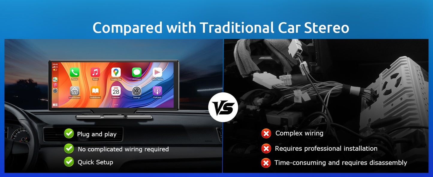 10.26" 4K 64G Touchscreen Portátil Sem Fio CarPlay Android Auto Caminhão Dash Som Automotivo Bluetooth GPS Navegação Câmera de Ré Grande Angular FM