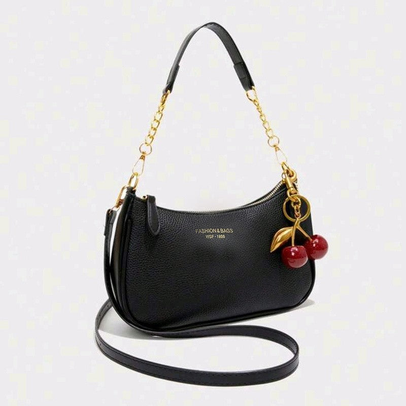 Cherry Pendant Shoulder Bag Women Light Luxury New High-end Women's Bag Soft Lychee Pattern Underarm Bag Casual Dumpling Bag