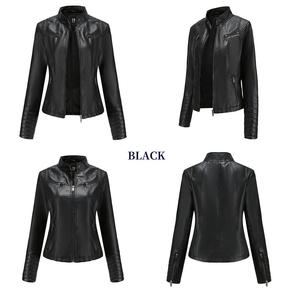 Women's Slim Leather Jacket, Stand-up Collar, Zipper Stitching, Monochromatic Coat, Fashion Clothing, New