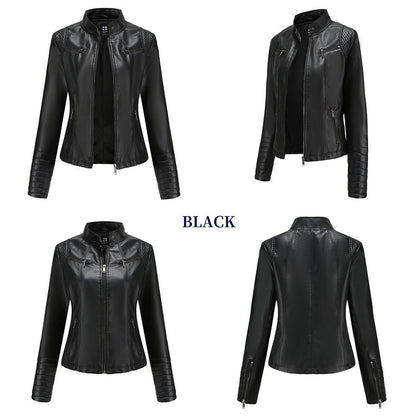 Women's Slim Leather Jacket, Stand-up Collar, Zipper Stitching, Monochromatic Coat, Fashion Clothing, New