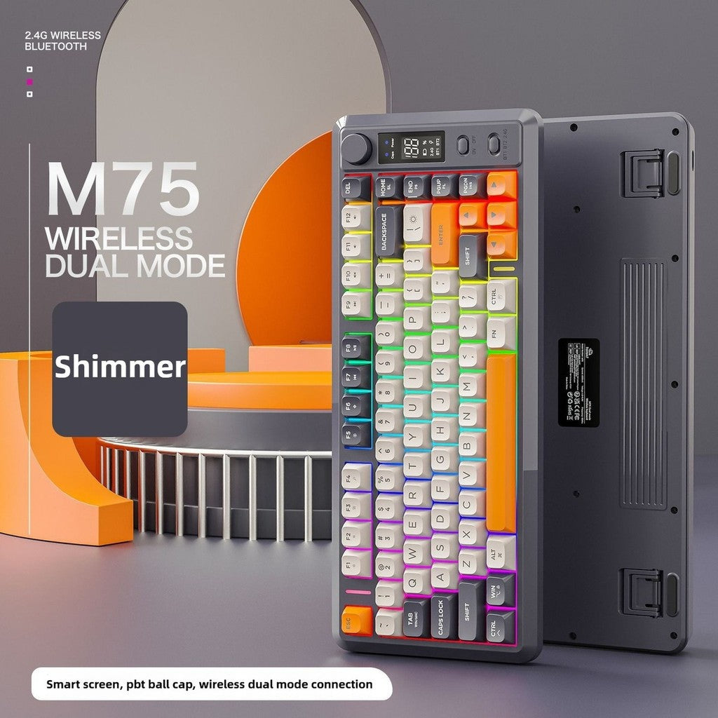 Teclado Gamer Sem Fio Compacto FREE WOLF M75 82 Teclas - Modo Duplo (Bluetooth/2.4G) Retroiluminação RGB Tela OLED Bateria Grande