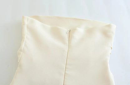 TRZA Women Fashion Strapless Gathered Midi Dress Sexy Straight Neck Back Slit Fe