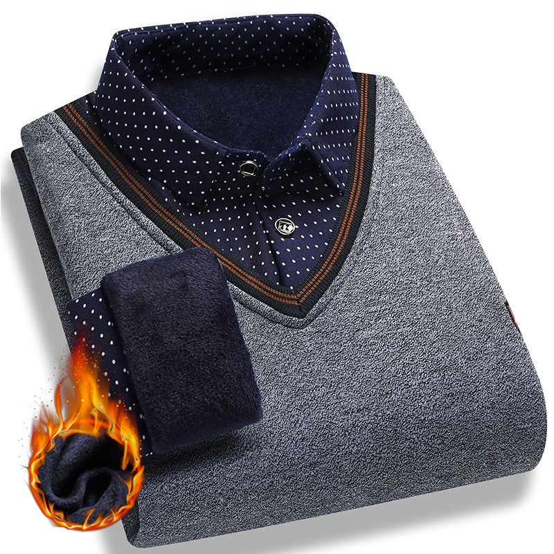 Men's Fleece Lining Sweater Autumn Winter Pullover Polo Shirt Collar Fake Two Piece Thick Warm Top Clothes Casual Knitwear