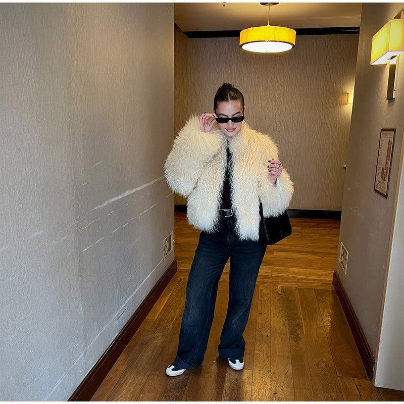 Fashion Solid Plush Faux Fur Coat Women Elegant Warm Long Sleeves Loose Jacket 2025 Lady Winter Chic High Street Outerwear ?