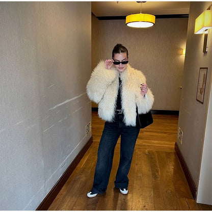 Fashion Solid Plush Faux Fur Coat Women Elegant Warm Long Sleeves Loose Jacket 2025 Lady Winter Chic High Street Outerwear ?