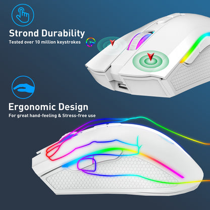 Mouse Mecânico Sem Fio RGB HXSJ T69 2.4G Mouse Gamer Ergonômico com 7 Botões Programáveis 4800DPI para Escritório e Jogos