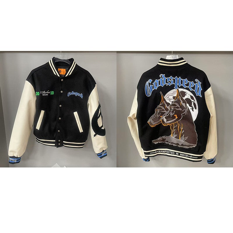 Real Photo GOD SPEED Baseball Jacket American Vintage Patchwork Leather Sleeves Unisex Embroidery Skeleton Jacket Coats