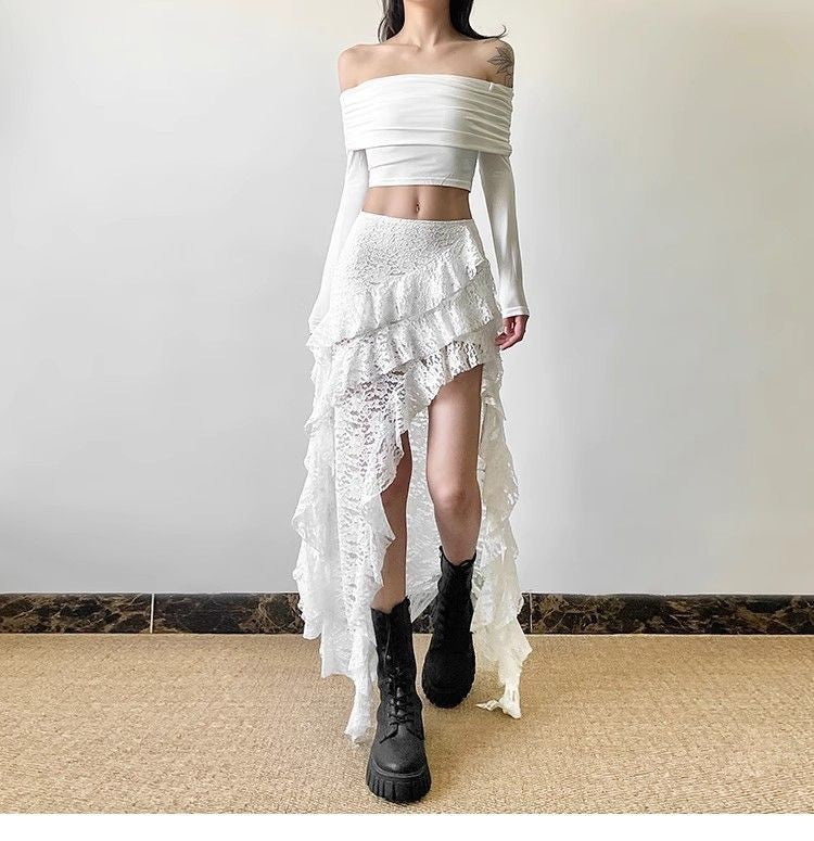 Gothic Skirt 2000s Summer Women's Clothes Gyaru Kpop Streetwear Lace High Waist Casual Aesthetic Long Skrit Femme Hip Hop Skirts