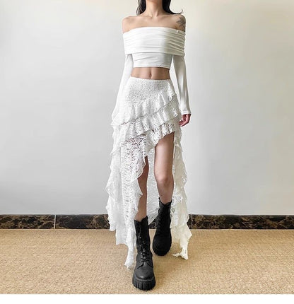 Gothic Skirt 2000s Summer Women's Clothes Gyaru Kpop Streetwear Lace High Waist Casual Aesthetic Long Skrit Femme Hip Hop Skirts