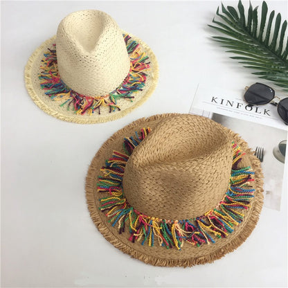 2024 Chapéu de Palha Decorado com Fita de Borla Colorida, Chapéu de Sol com Proteção, Chapéu de Praia Feminino Moderno, Boné Jazz de Verão para Mulher