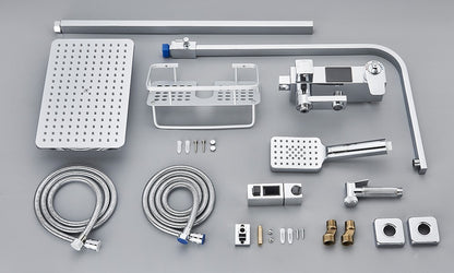 Black Digital Display Thermostatic Shower Faucet Bathroom Thermostatic 4 ways Rainfall Shower Mixer Tap,Shelf and Bidet Faucets