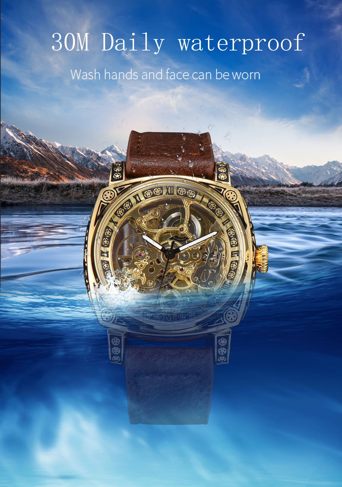 LONGLUX automatic watch retro style wholesale mechanical wristwatches skeleton carve waterproof leather no logo mens watch