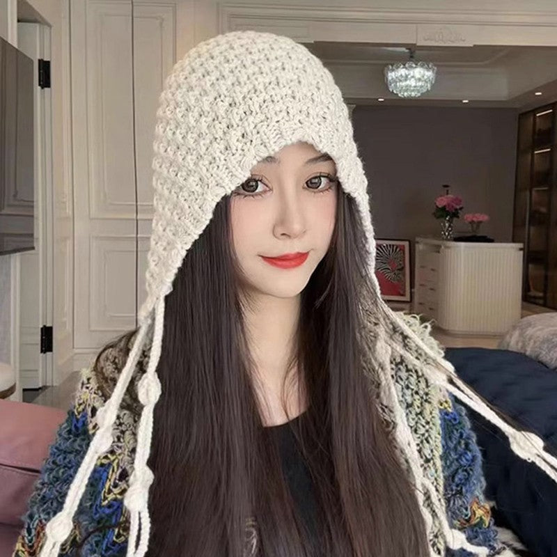 Autumn Winter Women's Hat Hand-knitted Woolen Tassel Cap Beanie Fashion Ear-protecting Cap Outdoor Warmth Headscarf Hat
