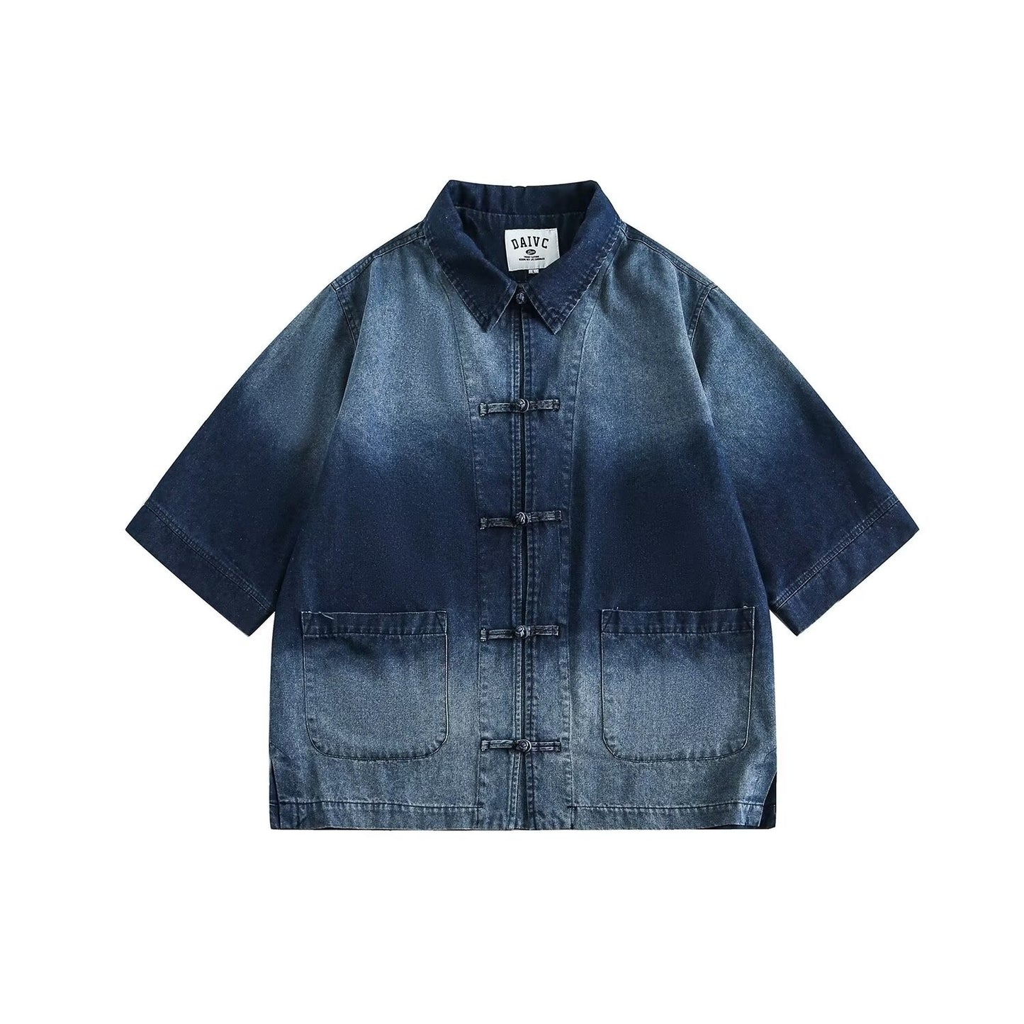 Ancient Style Denim Shirt Mens Halo Dyed Washed Single Breasted Short Sleeved Jacket Lapel Collar Fashion Tops Male High Quality