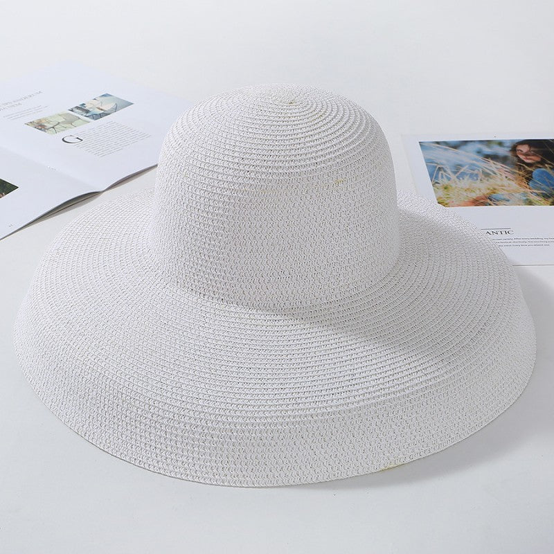 2023 New Summer Sun Hats Ladies Solid Plain Elegant Wide Brim Hat Female Round Top Panama Floppy Straw Beach Hat Women ????