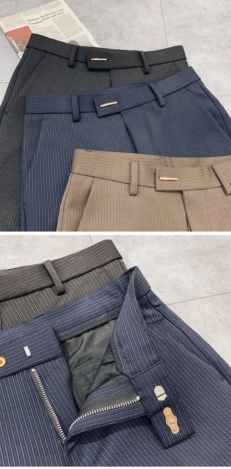 Calça Social Listrada Masculina Slim Fit com Tornozelo Justo Calça Social Masculina para Escritório e Festa Calça Social Masculina para Negócios Slim Fit