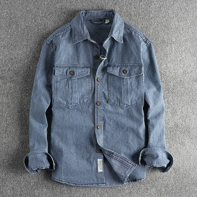 Autumn New American Retro Long Sleeved Lapel Denim Striped Cargo Shirt Men's Simple 100% Cotton Washed Old Casual Blouses Coat