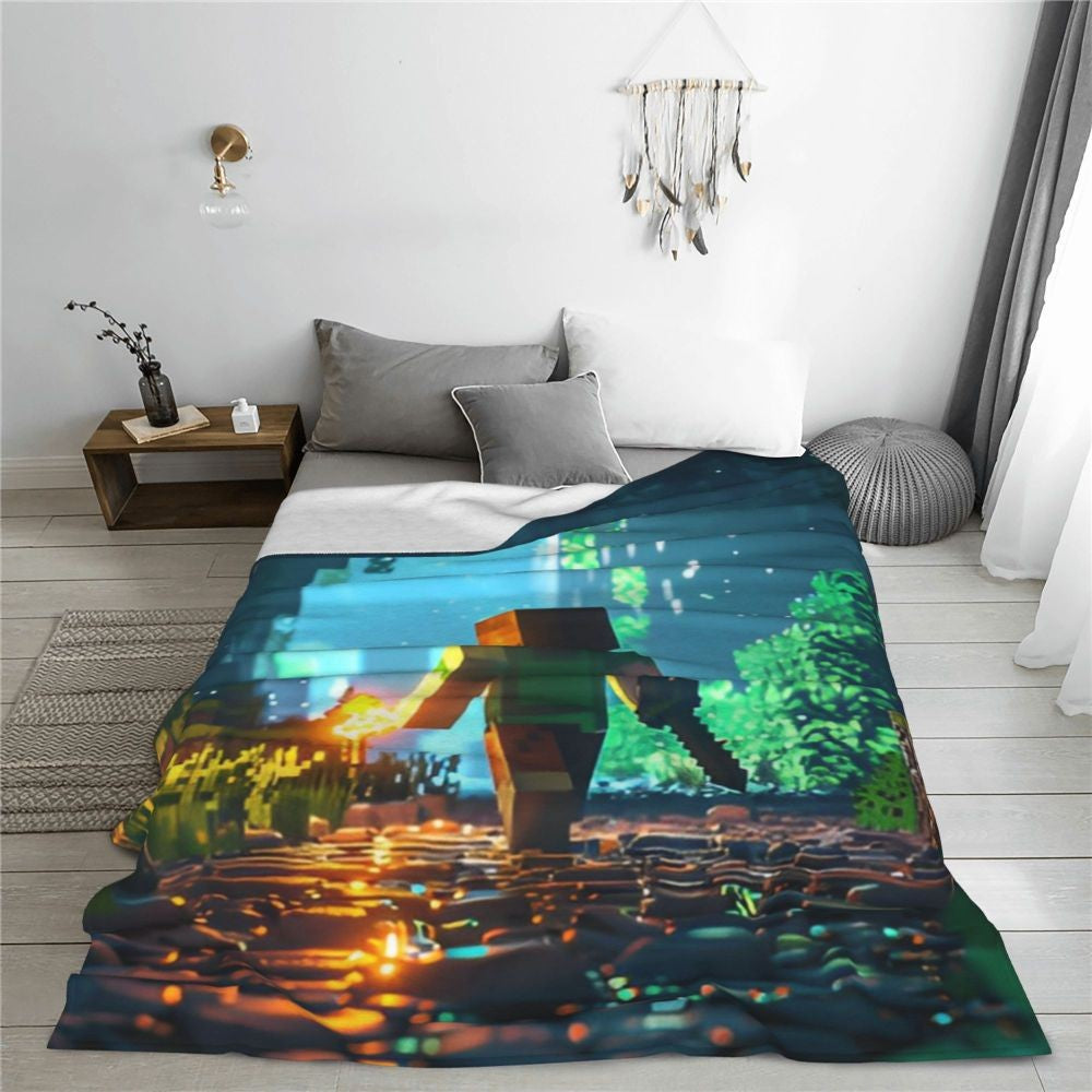 Cartoon Mines Pixel Game Crafts Flannel Blanket Super Warm Throw Blanket for Home Decor Decorative Street Trend Bedspread