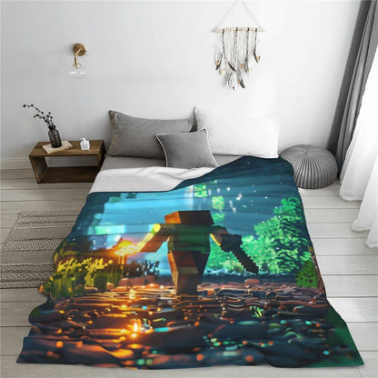 Cartoon Mines Pixel Game Crafts Flannel Blanket Super Warm Throw Blanket for Home Decor Decorative Street Trend Bedspread