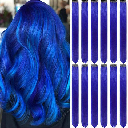 Clip in Hair Extensions Colored Party Highlights 22 inches 6pcs/pack Multi-colors Straight Hair Synthetic Hairpieces Royal Blue