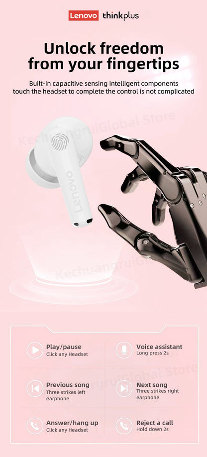 Fone de ouvido Lenovo original 2025, sem fio Bluetooth 5.3, fones de ouvido estéreo HiFi com cancelamento de ruído, fones de ouvido esportivos com controle de toque, novo presente