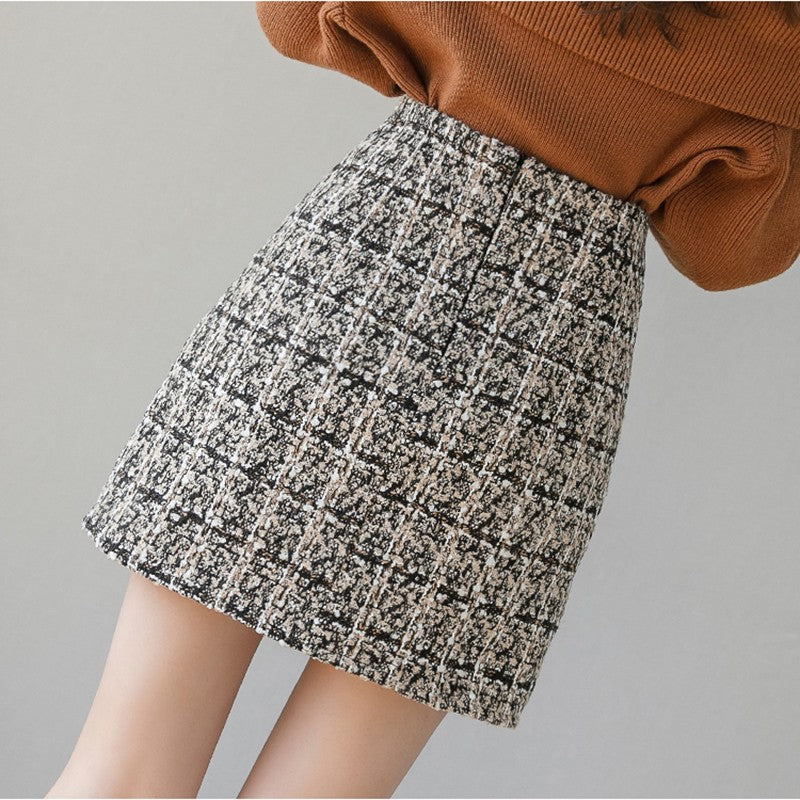 High Waist Single Breasted Women's Tweed Pencil Skirt With Pocket Autumn Winter Plaid Retro Woolen Short Skirts Female