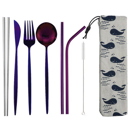 Conjunto de Talheres de 8 Peças Portátil para Viagem, Azul, Faca, Garfo, Colher, Hashis e Canudo de Aço Inoxidável com Bolsa