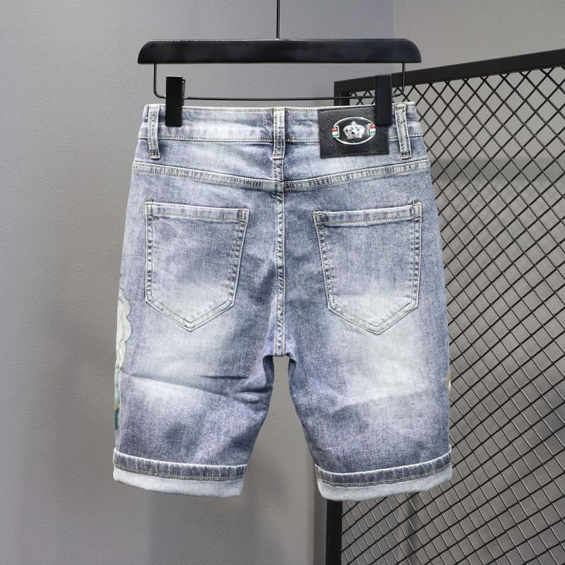 Summer 2024 New Fashion Trend Printed Stretch Cotton Shorts Men's Casual Sashimi Comfort High Quality Plus-Size Denim Shorts