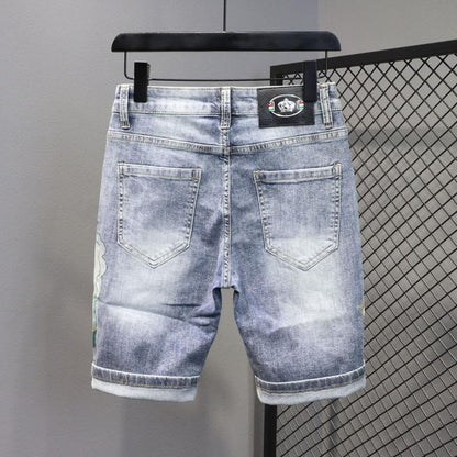 Summer 2024 New Fashion Trend Printed Stretch Cotton Shorts Men's Casual Sashimi Comfort High Quality Plus-Size Denim Shorts