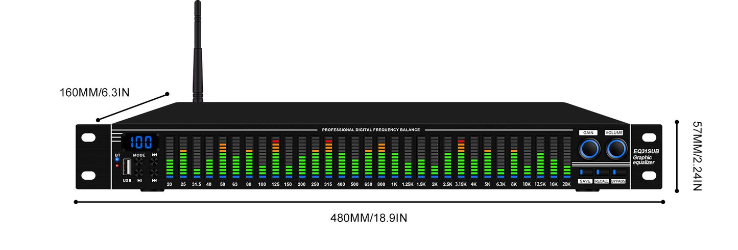 EQ31SUB Digital Equalizer 31 Stage Tuner Professional Stage Performance Noise Reduction Audio Processing