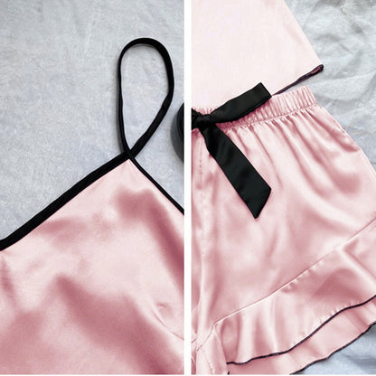 Women's Smooth Satin Pajamas V-Neck Top Ruffled Edges and Bow Shorts Simple and Breathable Pajama Set Sling Home Clothing