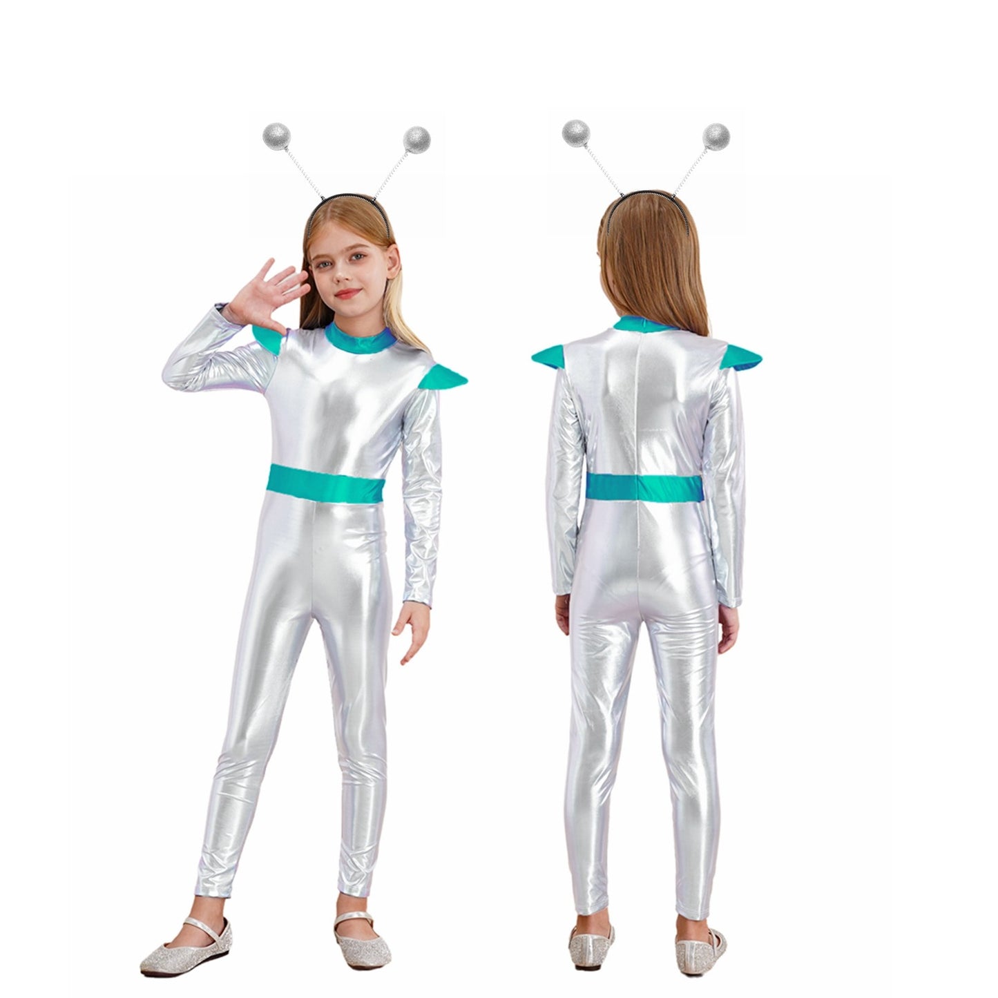 Kids Alien Cosplay Costume Outfits Boys Girls Metallic Shiny Alien Jumpsuit Halloween Full Length Bodysuit with Hair Hoop Suit