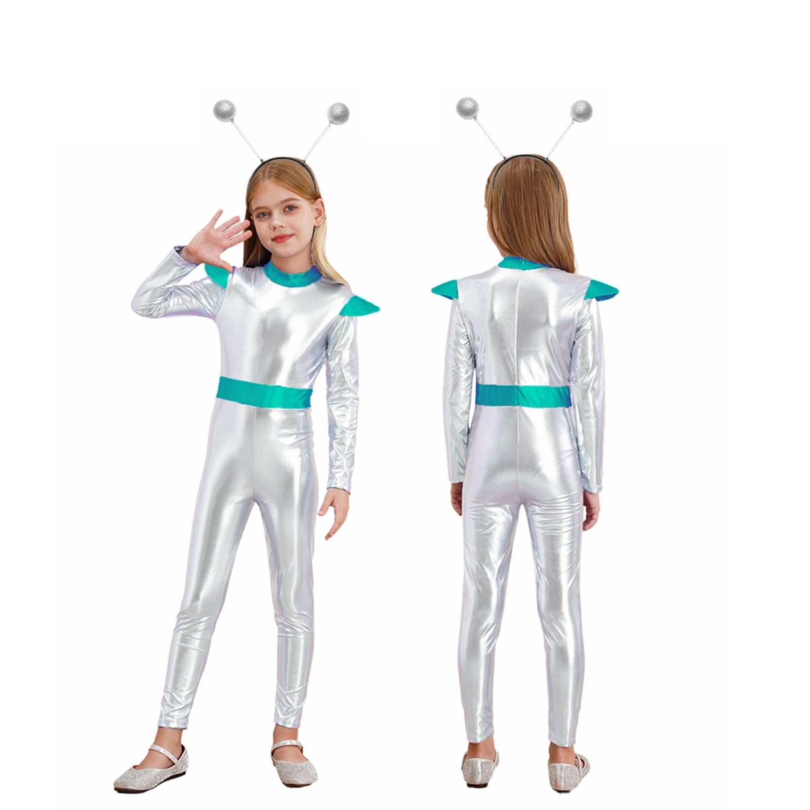 Kids Alien Cosplay Costume Outfits Boys Girls Metallic Shiny Alien Jumpsuit Halloween Full Length Bodysuit with Hair Hoop Suit