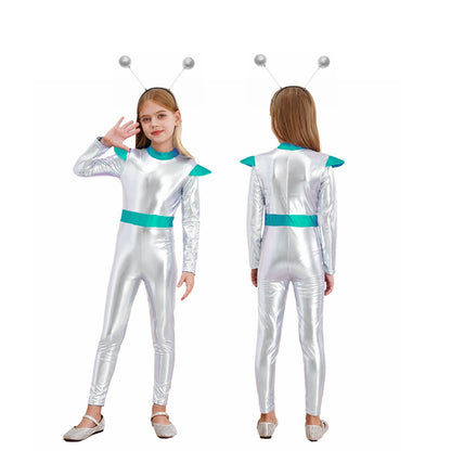 Kids Alien Cosplay Costume Outfits Boys Girls Metallic Shiny Alien Jumpsuit Halloween Full Length Bodysuit with Hair Hoop Suit