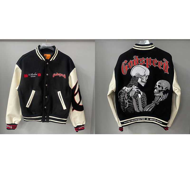 Real Photo GOD SPEED Baseball Jacket American Vintage Patchwork Leather Sleeves Unisex Embroidery Skeleton Jacket Coats