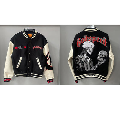 Real Photo GOD SPEED Baseball Jacket American Vintage Patchwork Leather Sleeves Unisex Embroidery Skeleton Jacket Coats