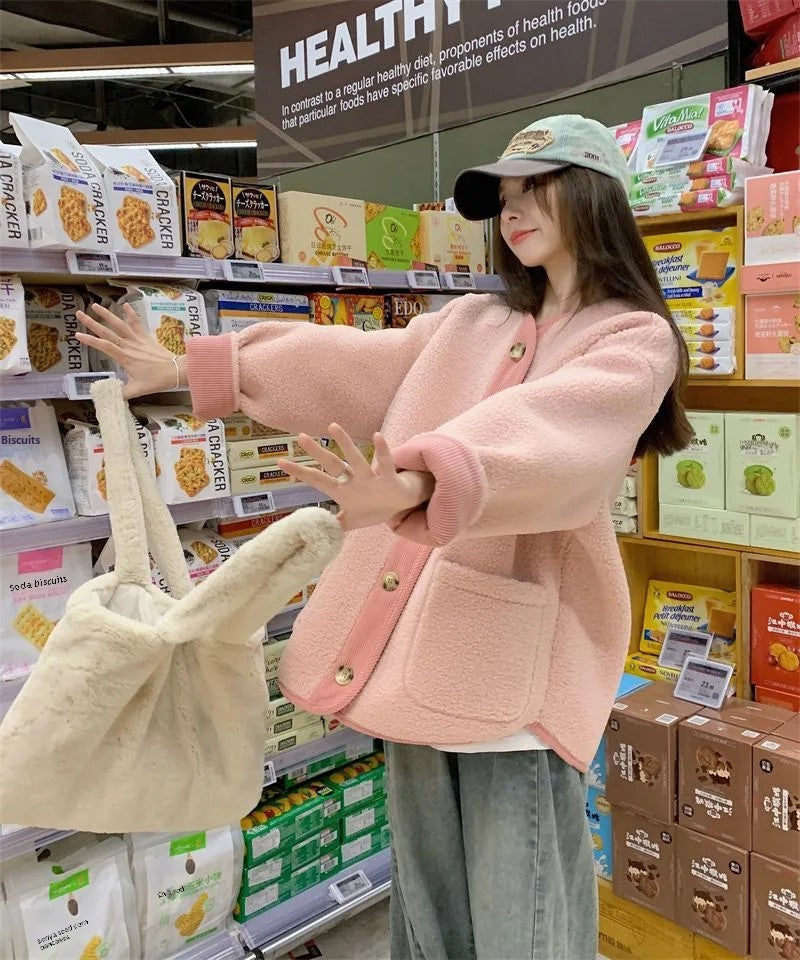 2024 Winter New Women's Lamb Wool Jacket Petite Loose-Fit Thickened Integrated Deer Skin Fleece Medium-Length Korean Style