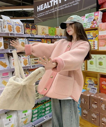 2024 Winter New Women's Lamb Wool Jacket Petite Loose-Fit Thickened Integrated Deer Skin Fleece Medium-Length Korean Style